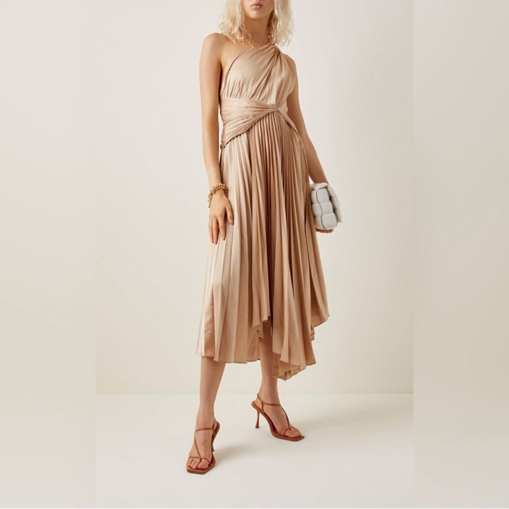 $450 ACLER Kalora Pleated Midi Dress - Gold size 8